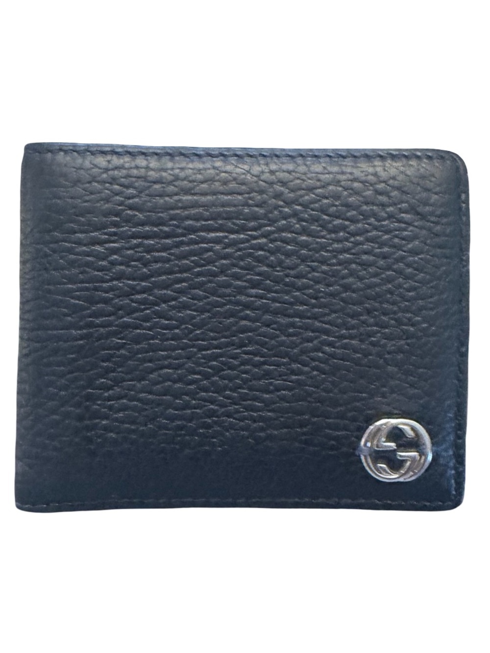 Authentic Gucci Men’s Black Pebbled Leather Interlocking G Bi-Fold Wallet